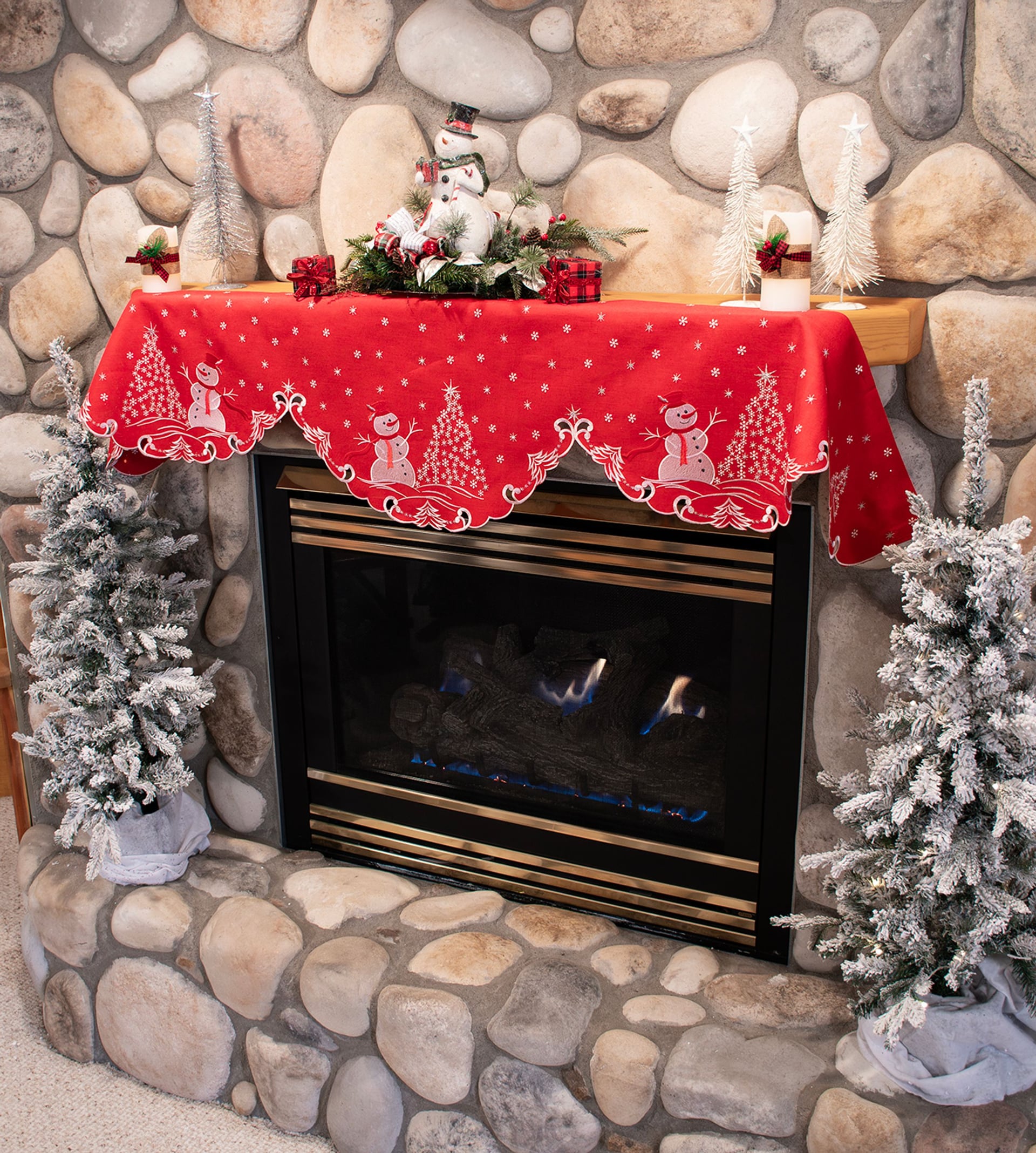 Snowman Snowflake Trees Fireplace Mantle Scarf (19" x 88")