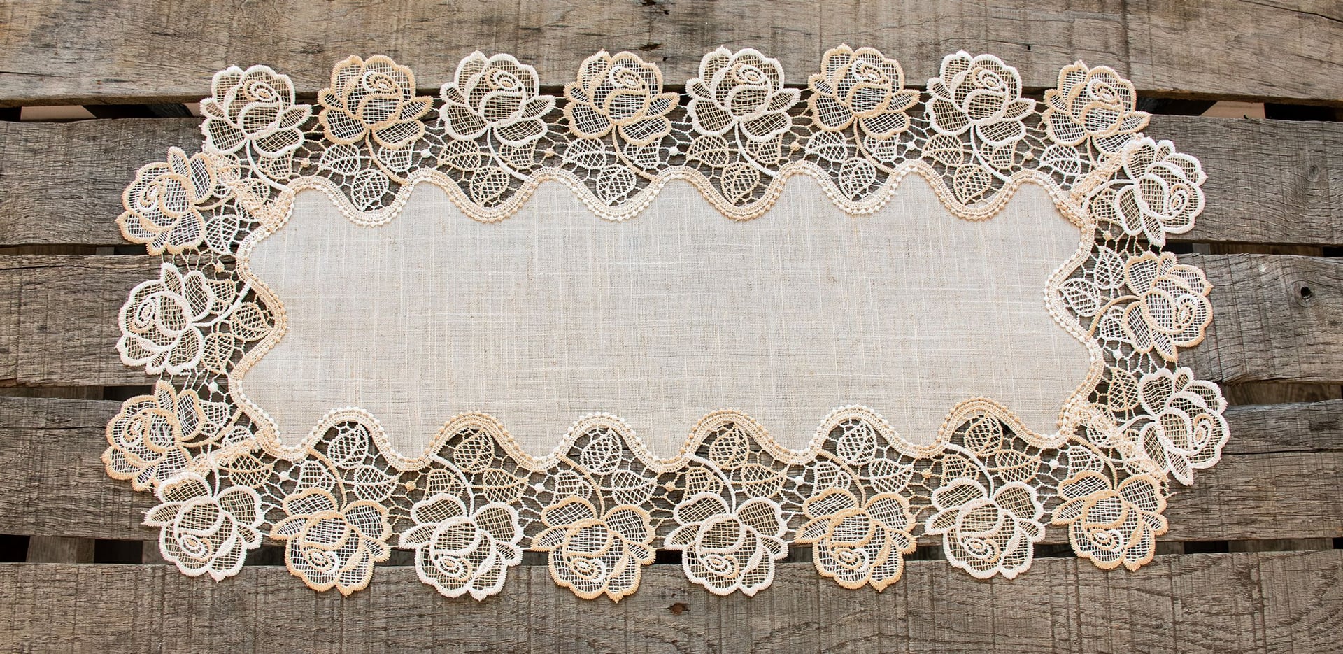 Beige Rose Lace Table Runner (14"x27"/ 15"x35")