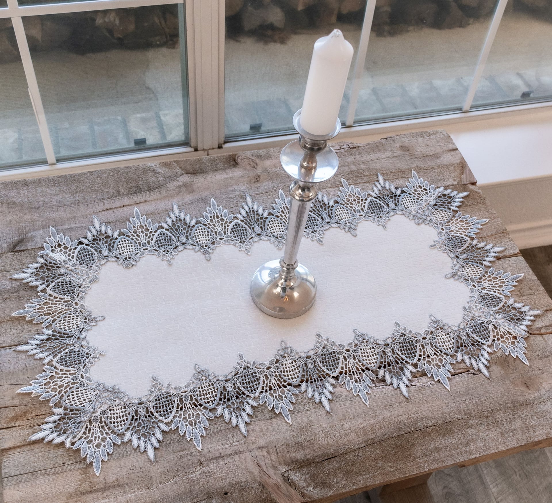 Lace Silver Lace on White Jacquard Table Runner