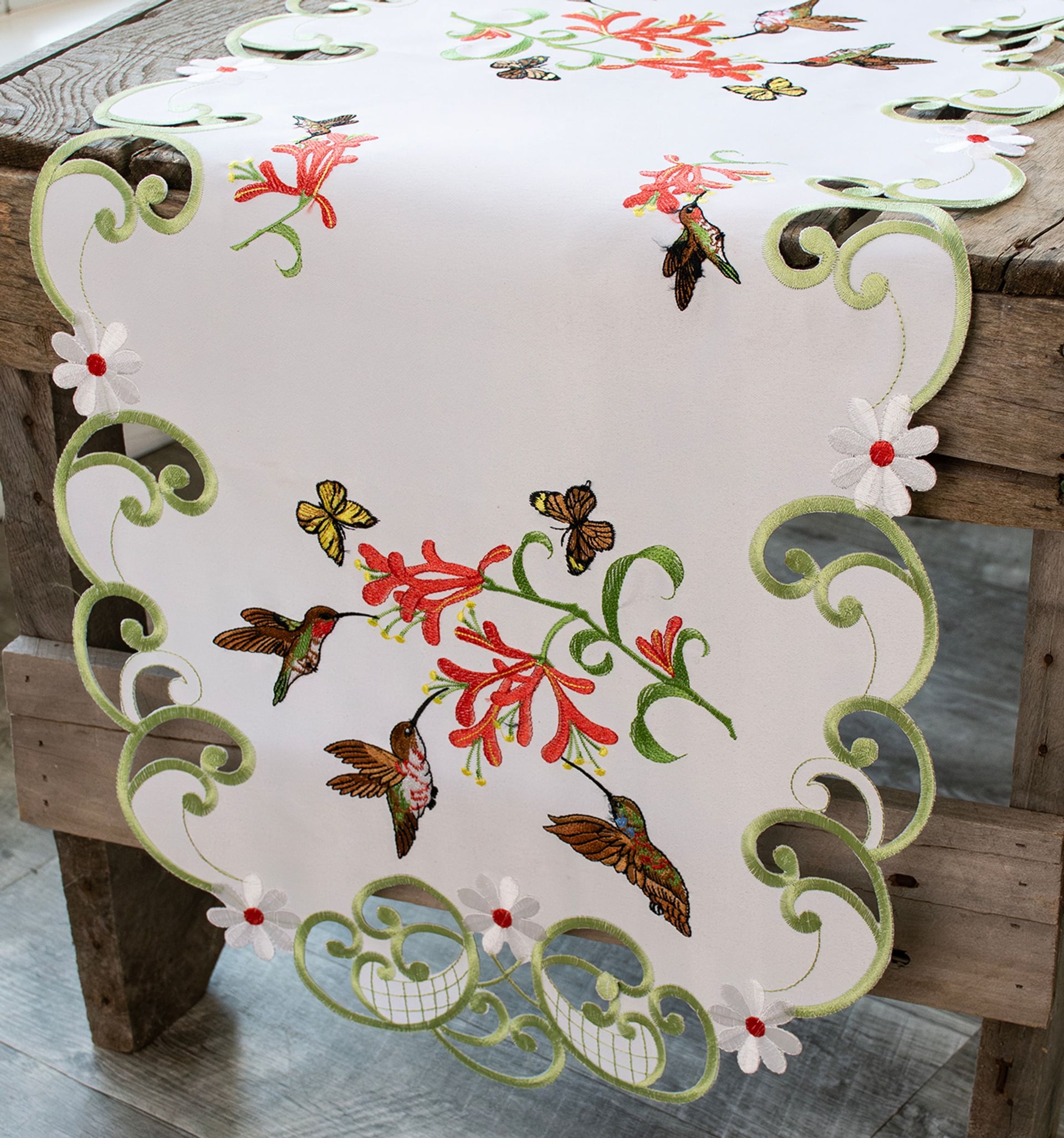 Embroidered Table Runner with Hummingbirds
