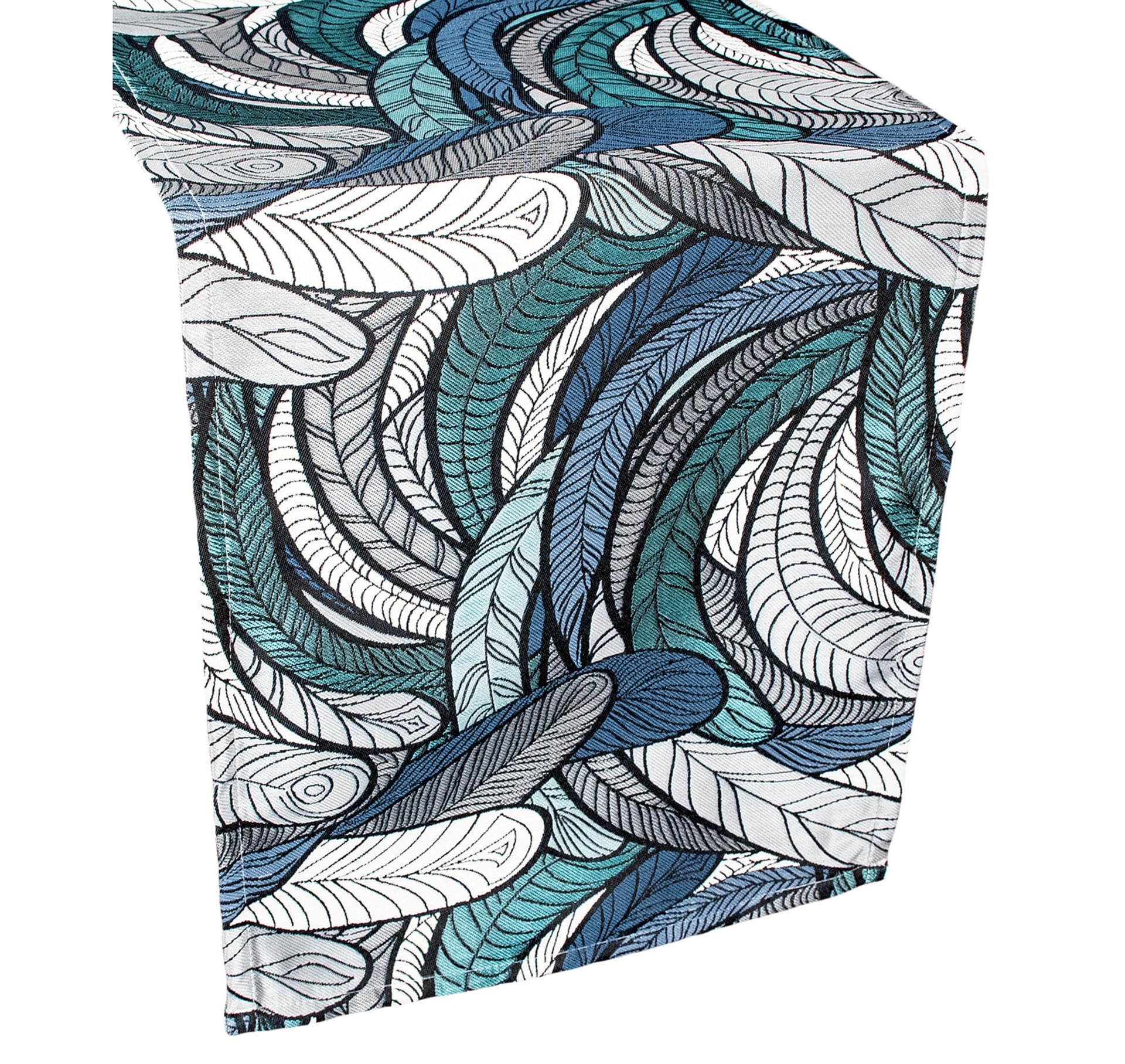 Elegant Chenille Gray and Teal Blue Feather Table Runner