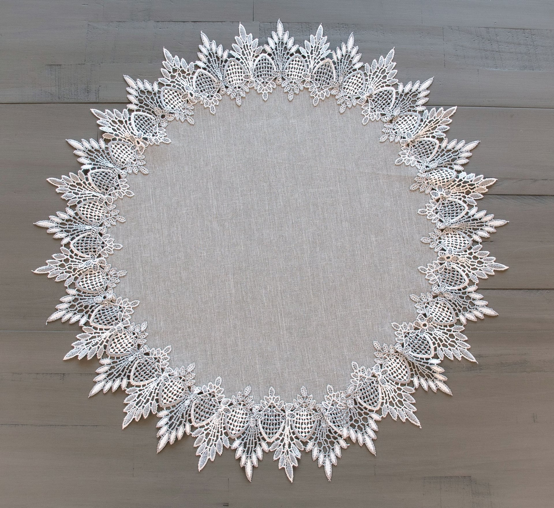 Earth Tone Silver Lace on Silver Fabric Table Topper