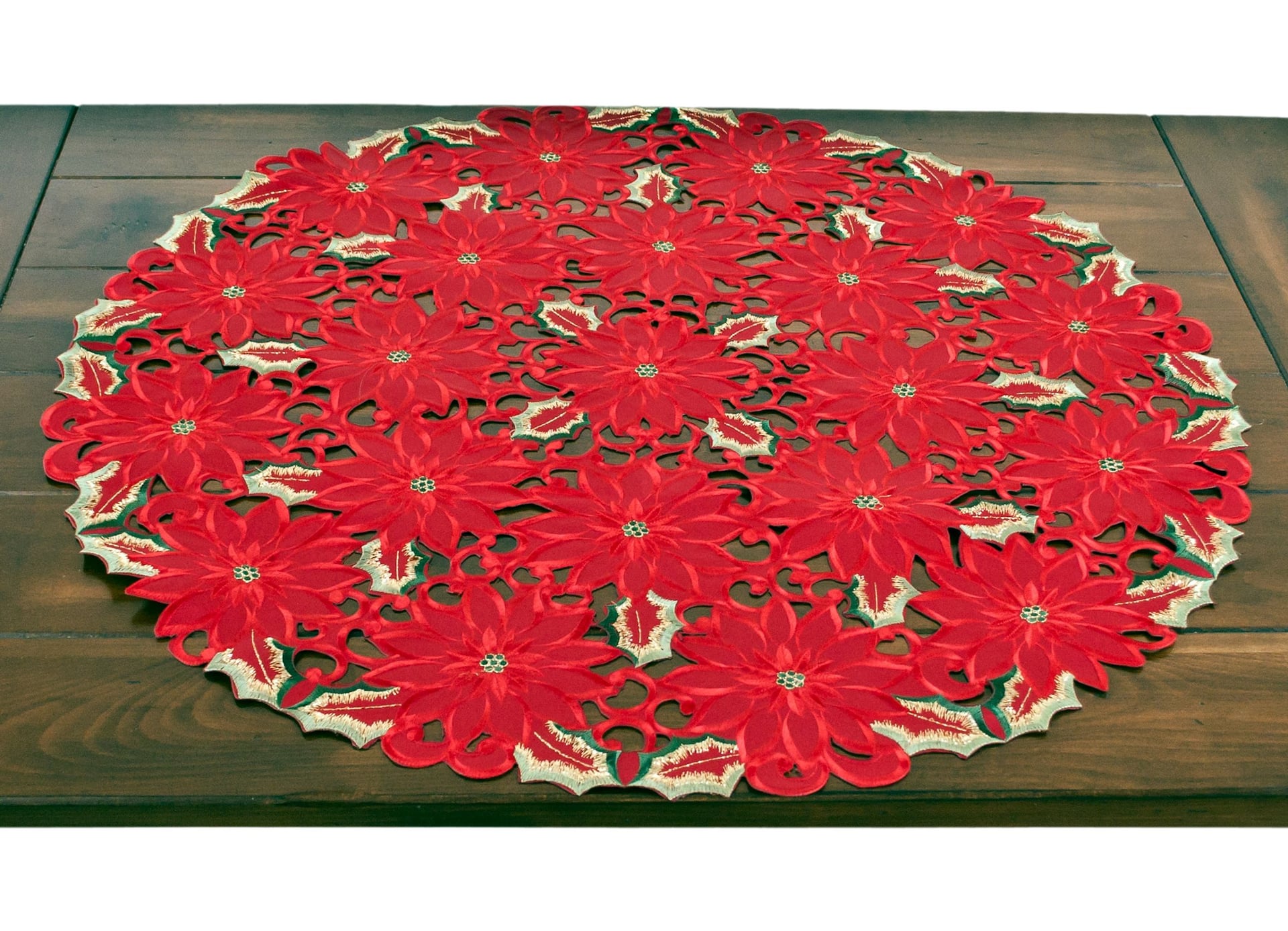 Elegant Christmas Red Poinsettia Gold Thread Green Leaves