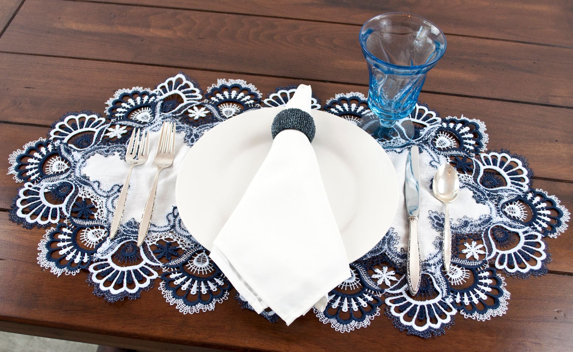 Antique European Navy Blue White Lace Placemats 2 (14"x21")